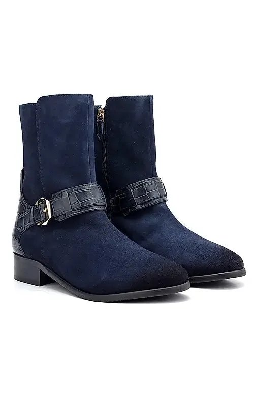 Blue Suede Leather Ankle Boots