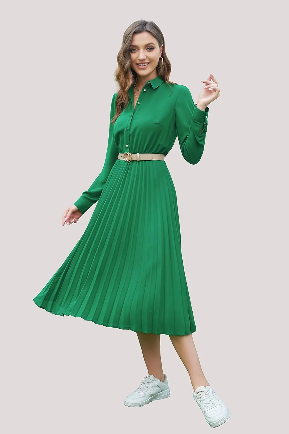 Business Casual Shirt Dress for Women Long Sleeves Pleated Midi Dresses with Belt