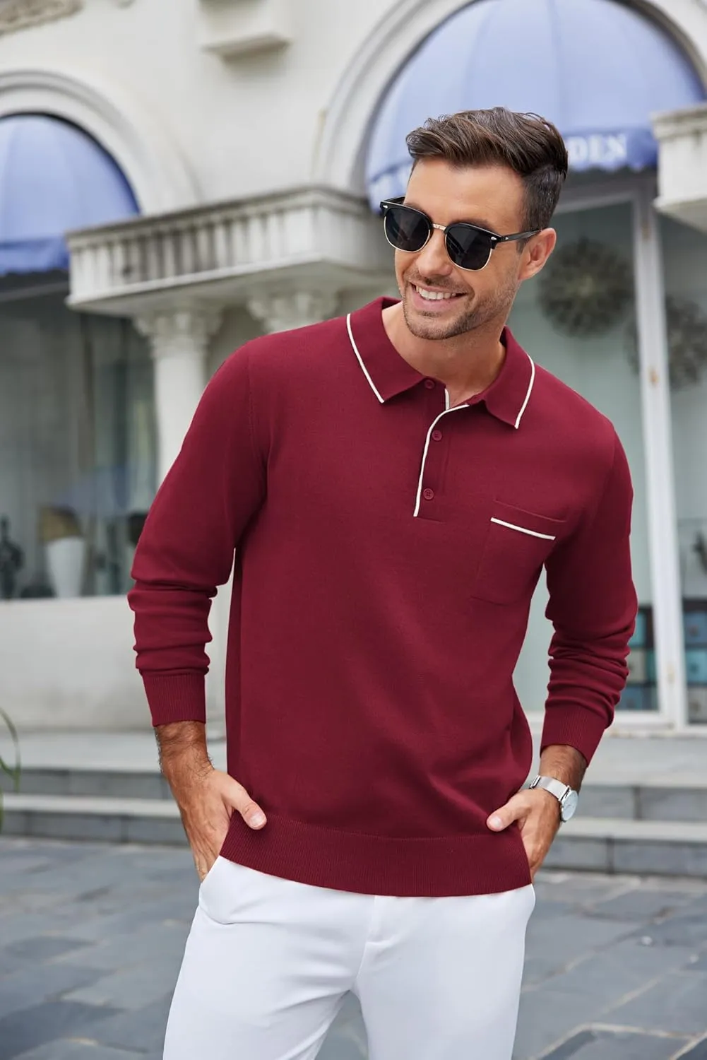 COOFANDY Mens Knit Polo Long Sleeve Collared Sweater Polo Business Casual Polos with Pocket