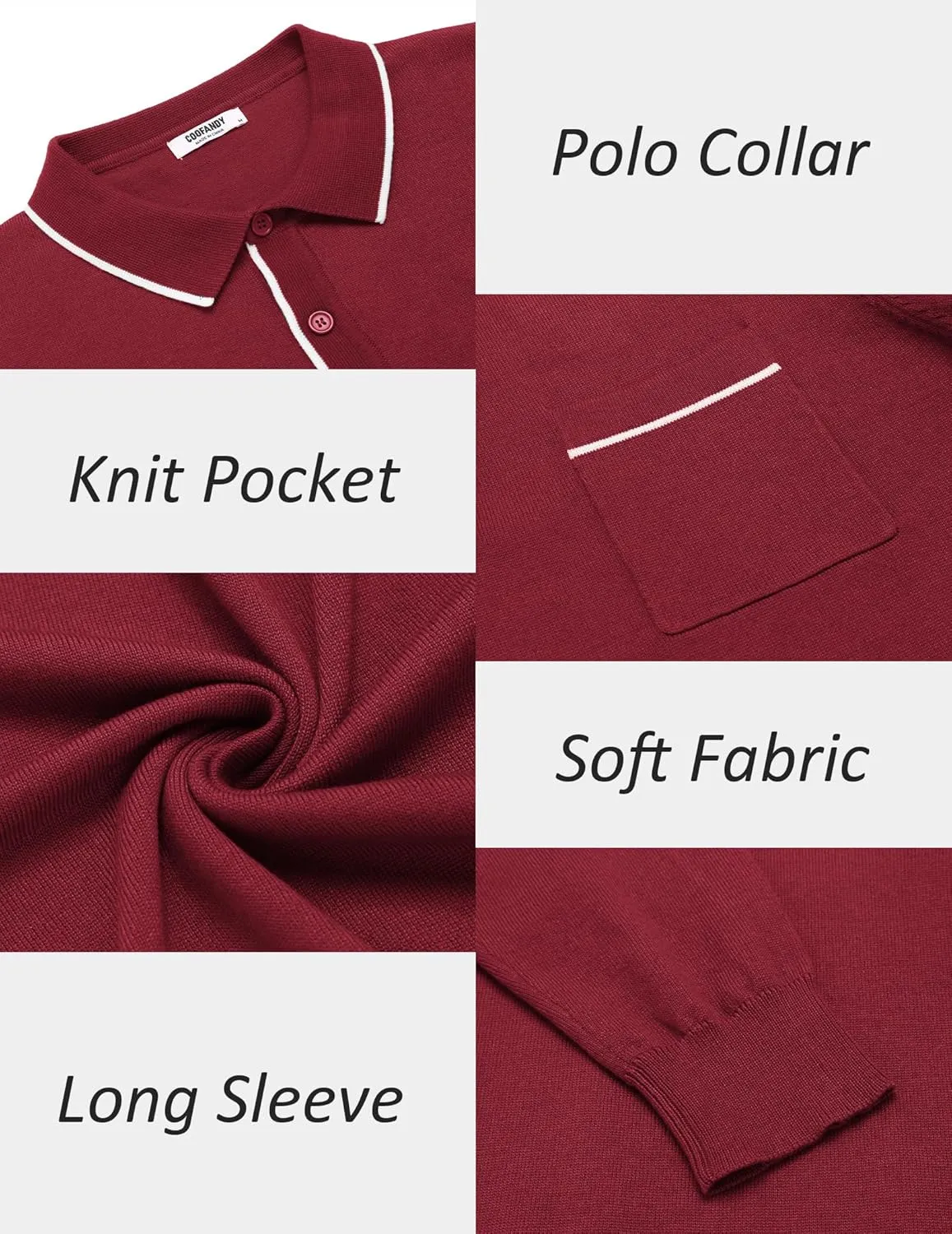 COOFANDY Mens Knit Polo Long Sleeve Collared Sweater Polo Business Casual Polos with Pocket