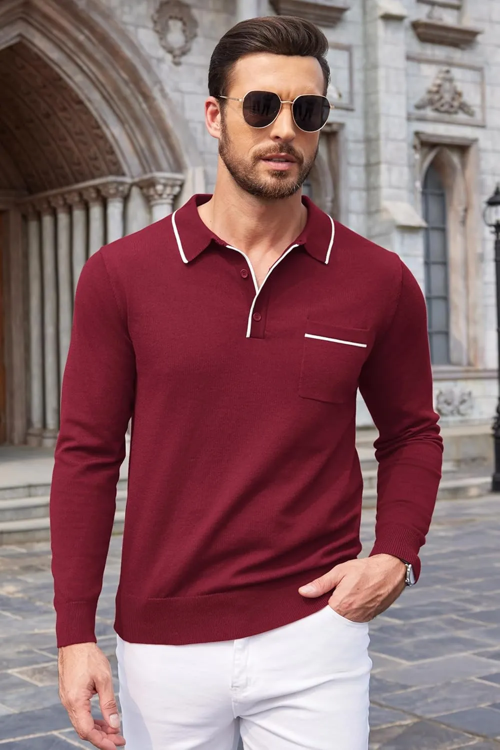 COOFANDY Mens Knit Polo Long Sleeve Collared Sweater Polo Business Casual Polos with Pocket