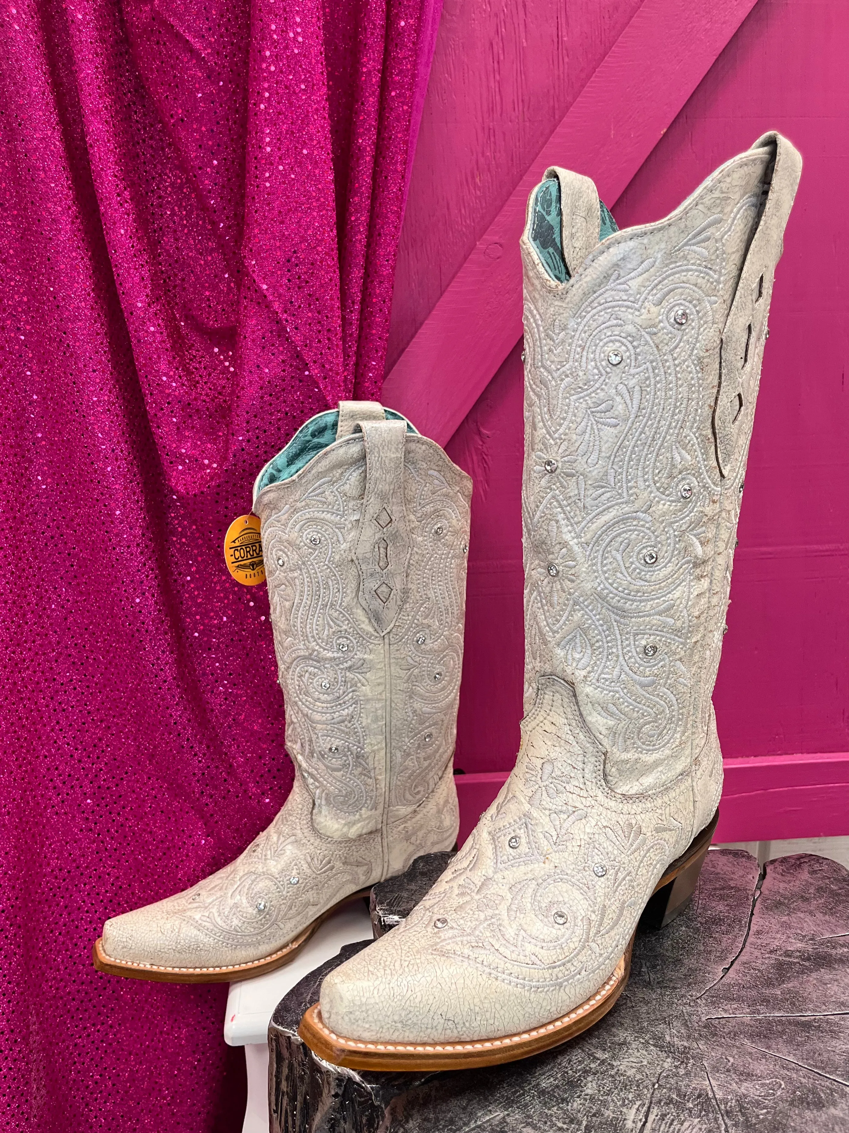 Corral Women's Bone Crystal White Snip Toe Cowgirl Boots Z5123