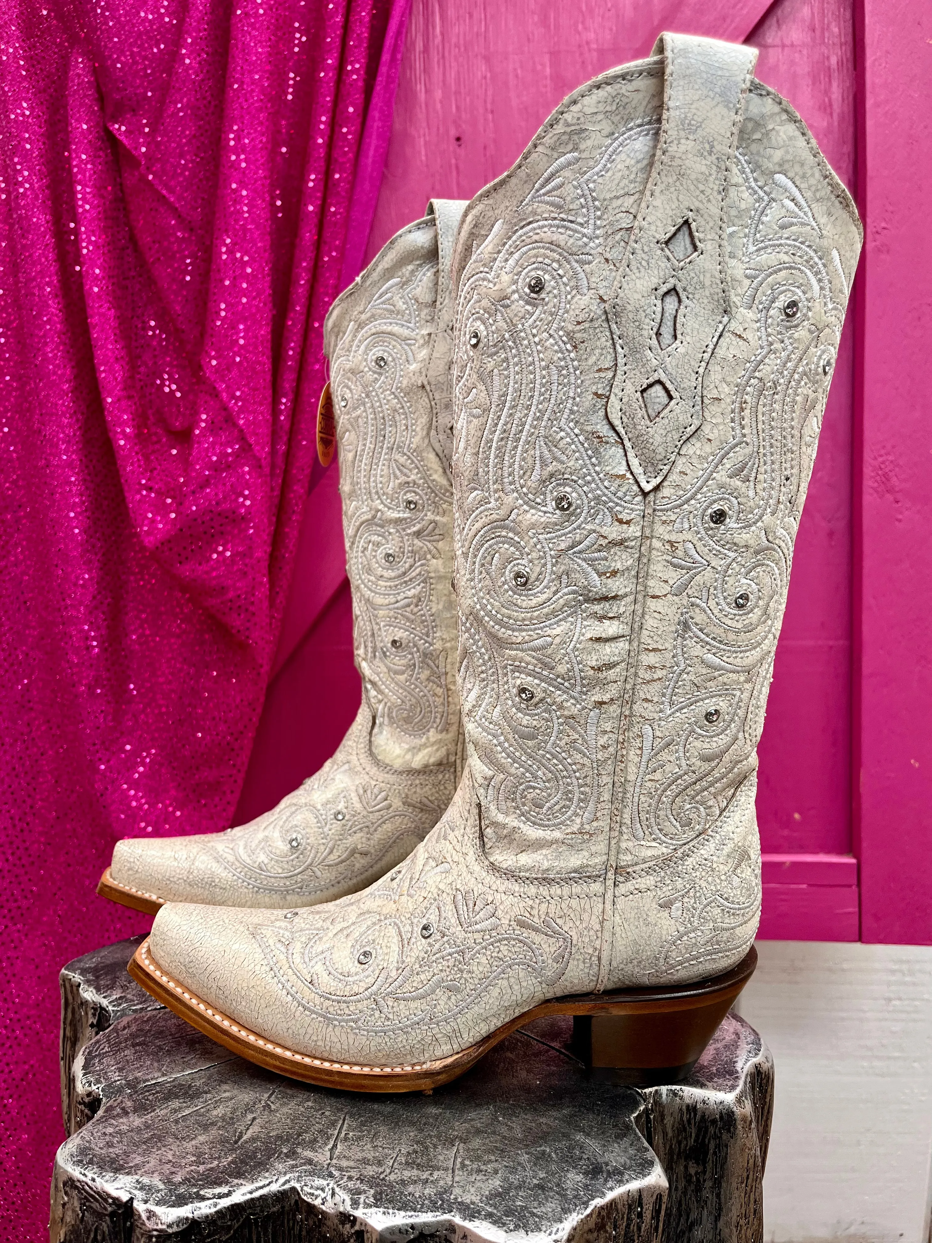 Corral Women's Bone Crystal White Snip Toe Cowgirl Boots Z5123