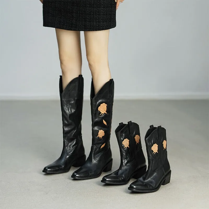 Flower Embroidery Cowboy Ankle Boots for Women Handmade Genuine Leather in Black - WESTERN BOOTS
