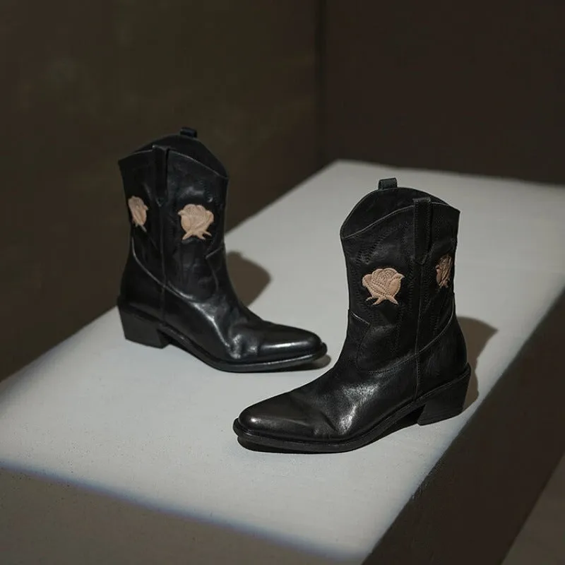 Flower Embroidery Cowboy Ankle Boots for Women Handmade Genuine Leather in Black - WESTERN BOOTS