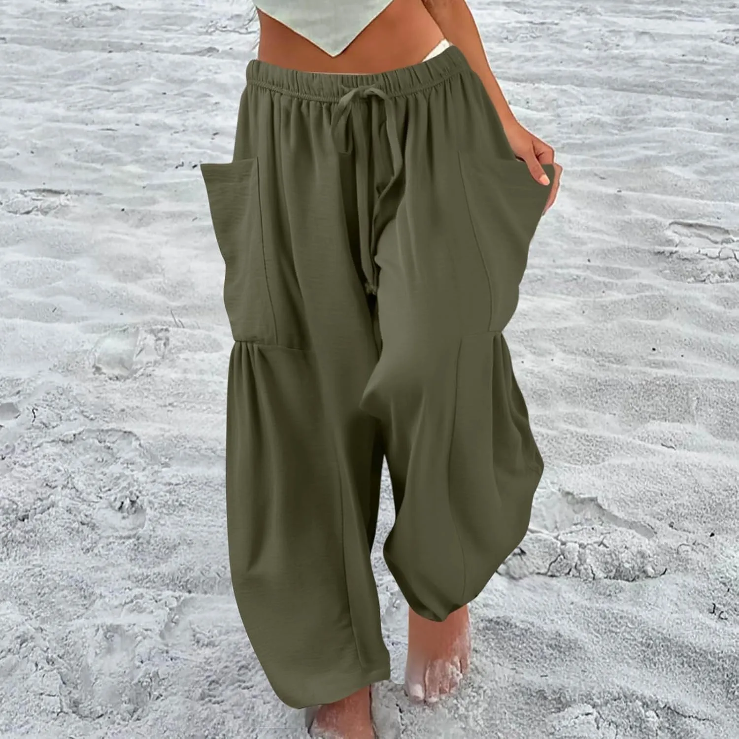 Linen Pants for Women Casual Summer Drawstring High Waisted Wide Leg Pants Loose Fit Multi-Pocket Solid Trousers Baggy