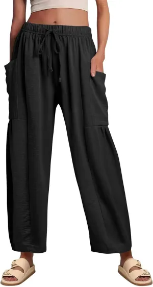 Linen Pants for Women Casual Summer Drawstring High Waisted Wide Leg Pants Loose Fit Multi-Pocket Solid Trousers Baggy