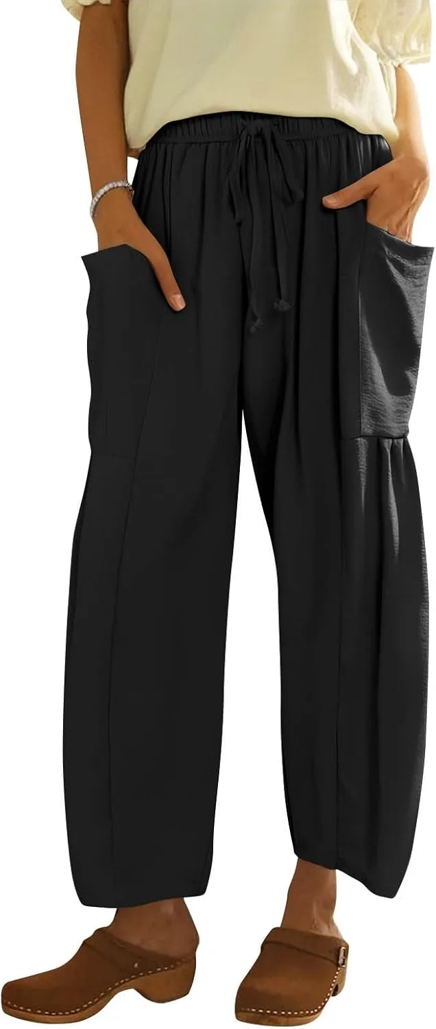 Linen Pants for Women Casual Summer Drawstring High Waisted Wide Leg Pants Loose Fit Multi-Pocket Solid Trousers Baggy