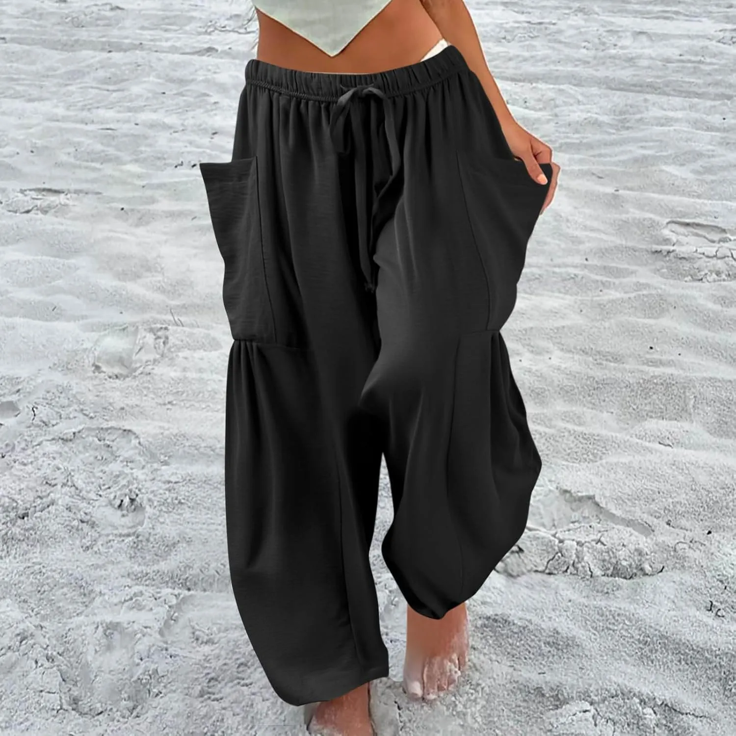 Linen Pants for Women Casual Summer Drawstring High Waisted Wide Leg Pants Loose Fit Multi-Pocket Solid Trousers Baggy