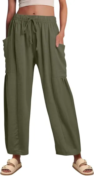 Linen Pants for Women Casual Summer Drawstring High Waisted Wide Leg Pants Loose Fit Multi-Pocket Solid Trousers Baggy
