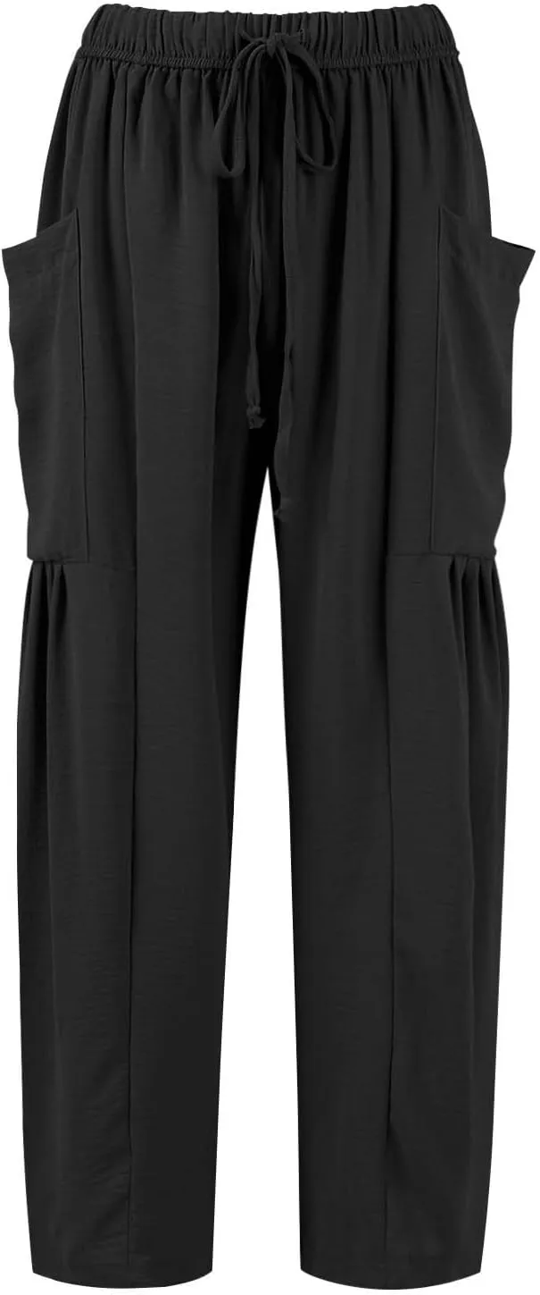 Linen Pants for Women Casual Summer Drawstring High Waisted Wide Leg Pants Loose Fit Multi-Pocket Solid Trousers Baggy
