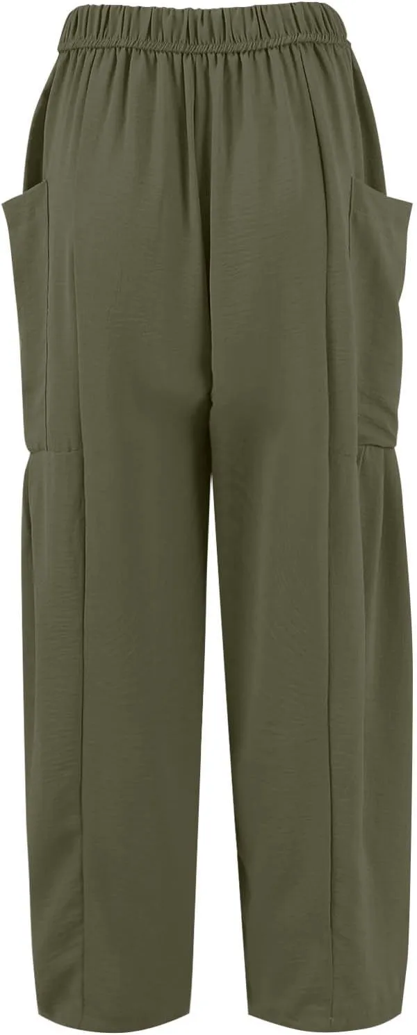 Linen Pants for Women Casual Summer Drawstring High Waisted Wide Leg Pants Loose Fit Multi-Pocket Solid Trousers Baggy