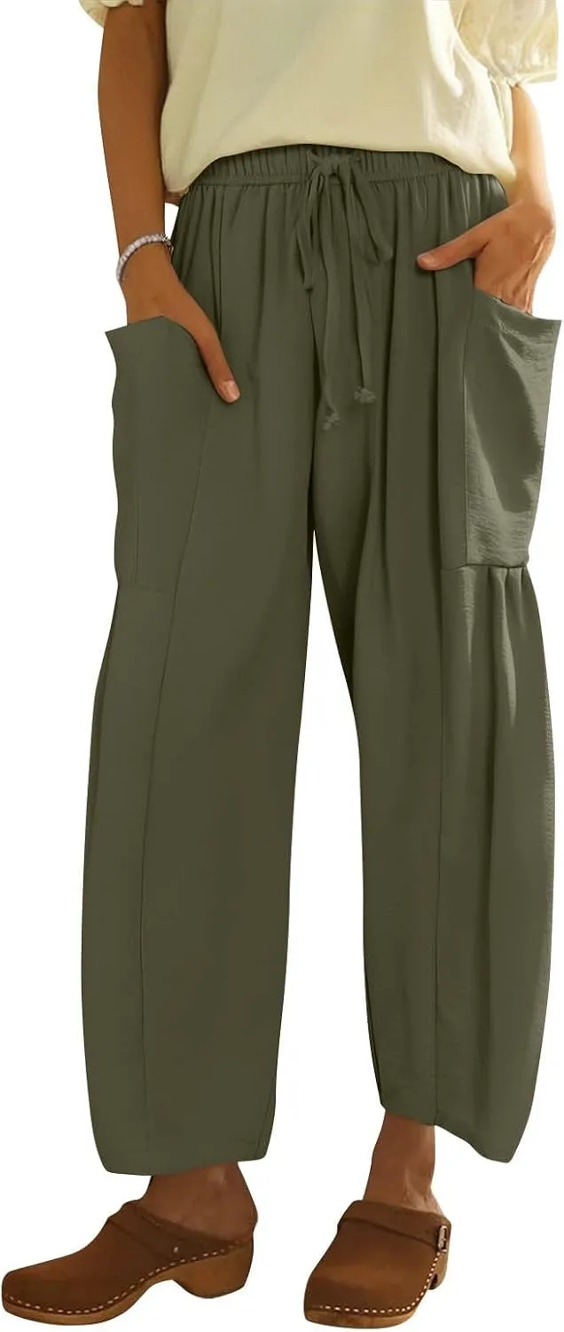 Linen Pants for Women Casual Summer Drawstring High Waisted Wide Leg Pants Loose Fit Multi-Pocket Solid Trousers Baggy