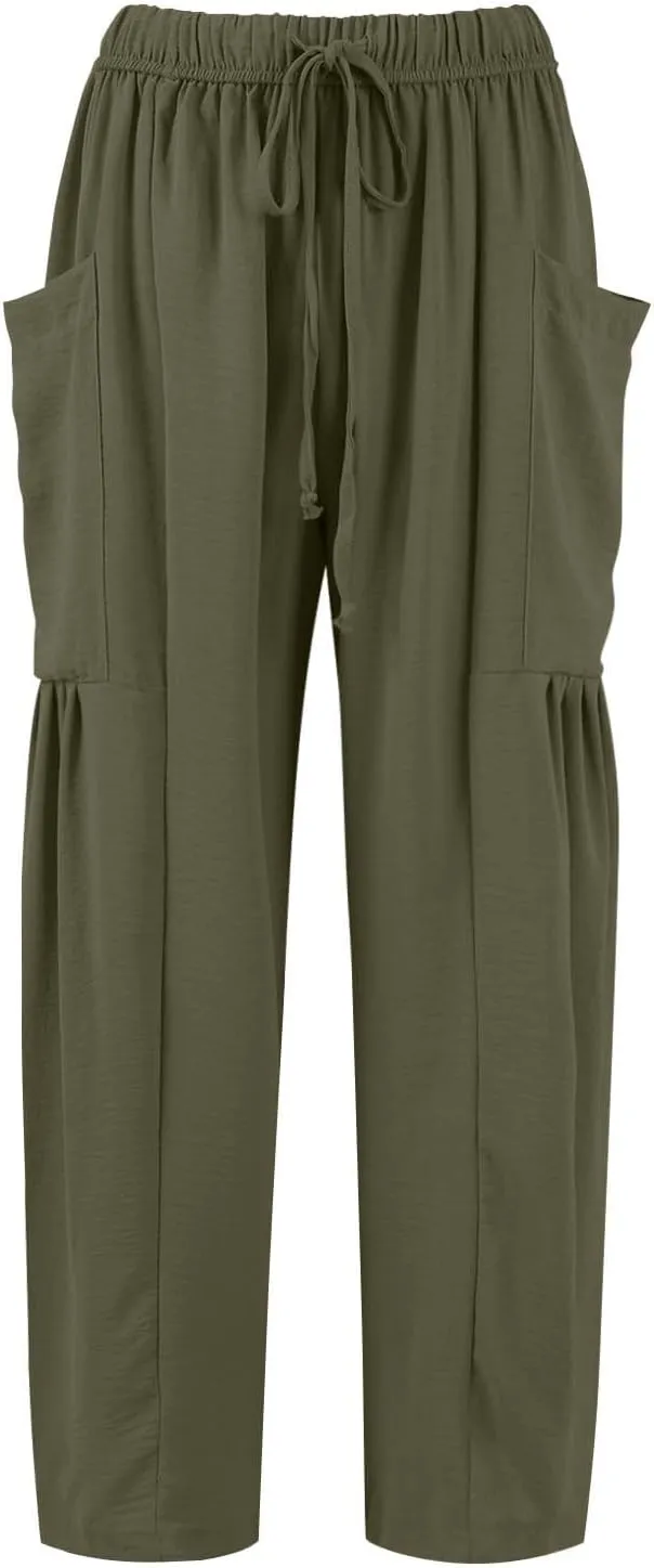 Linen Pants for Women Casual Summer Drawstring High Waisted Wide Leg Pants Loose Fit Multi-Pocket Solid Trousers Baggy