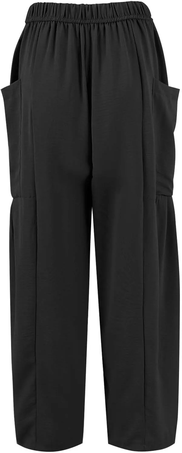 Linen Pants for Women Casual Summer Drawstring High Waisted Wide Leg Pants Loose Fit Multi-Pocket Solid Trousers Baggy