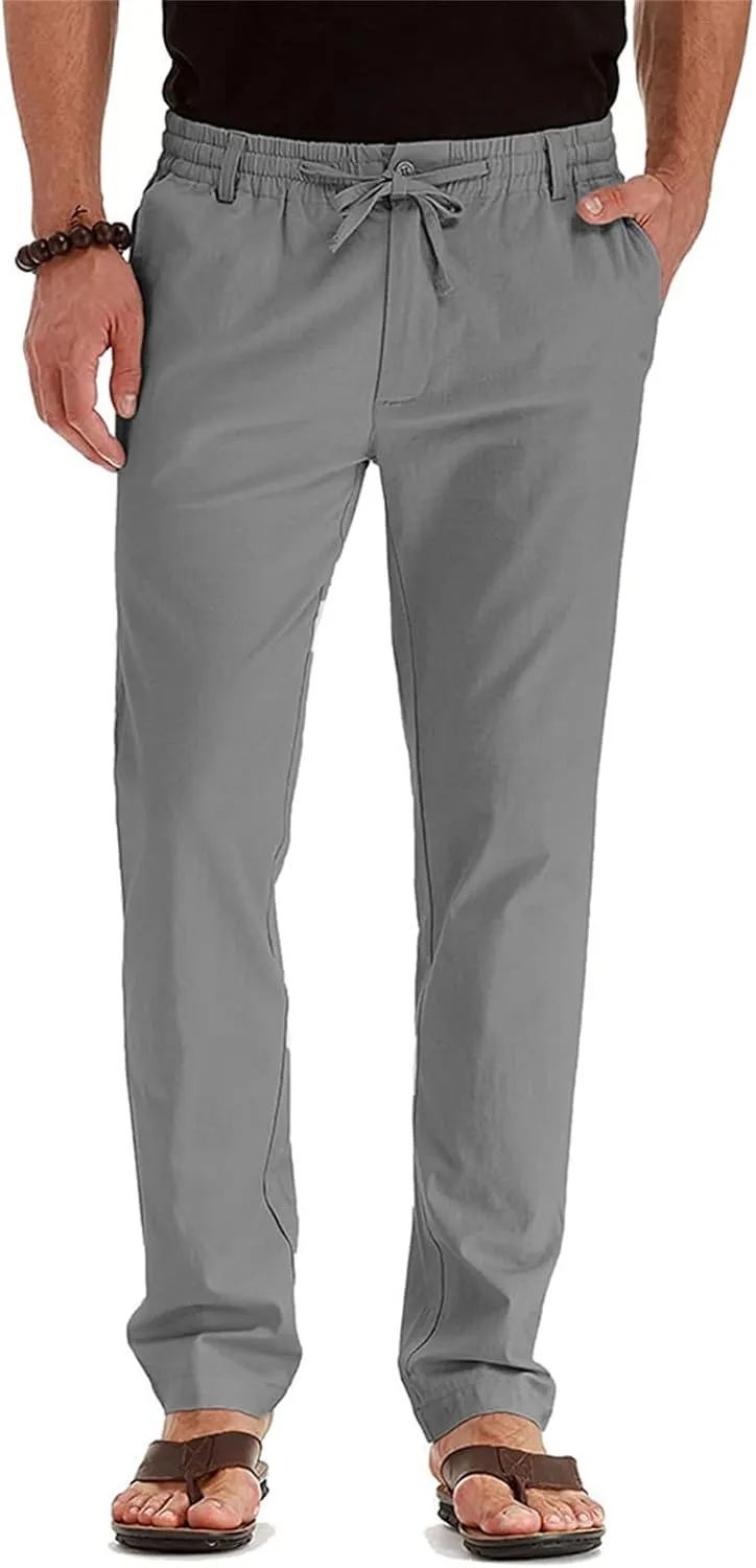 Men's Drawstring Linen Pants Business Casual Work Pant Breathable Lightweight Sweatpants Baggy Slacks Summer Trouser