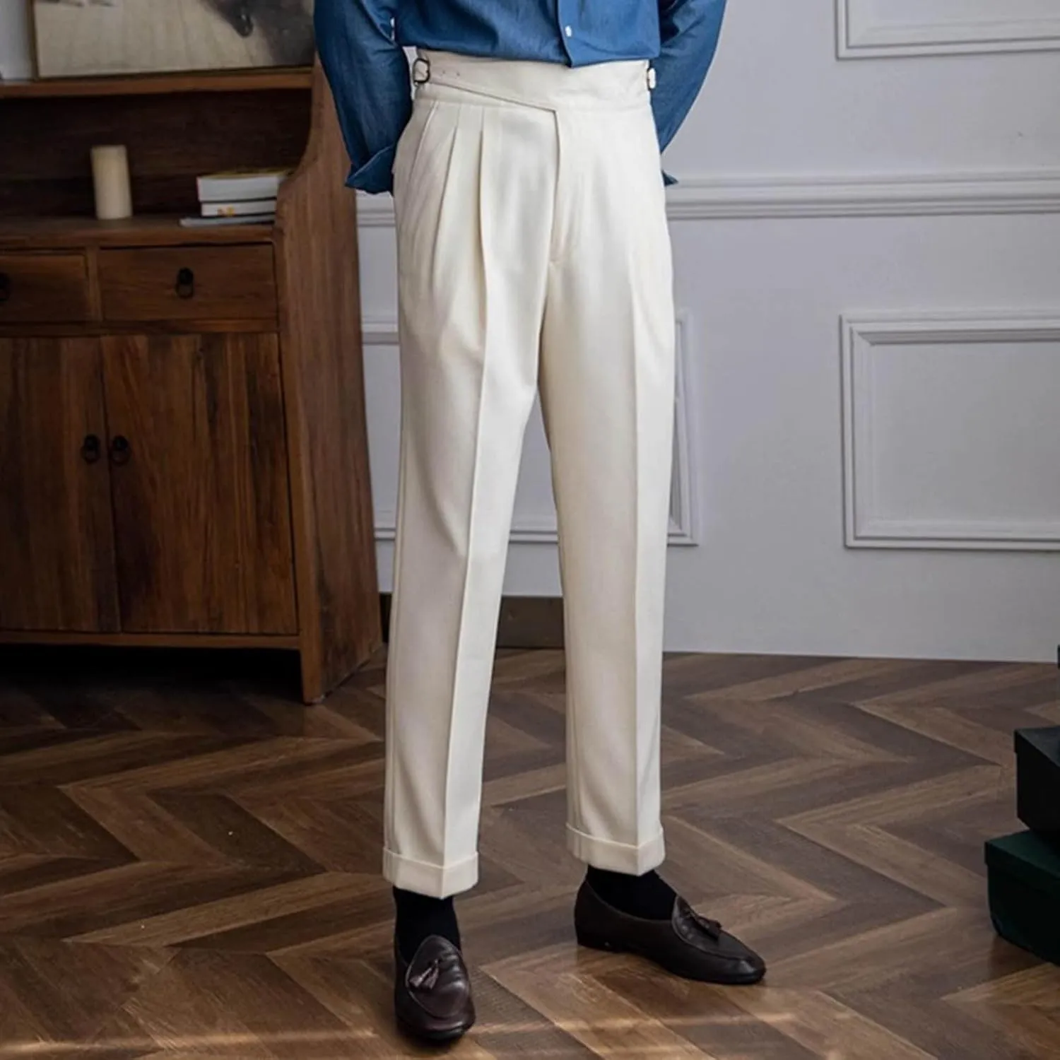 Men's High Waist Dress Pants Business Casual Slim Fit Bottoms Pleated Tailored Trousers Officewear Style