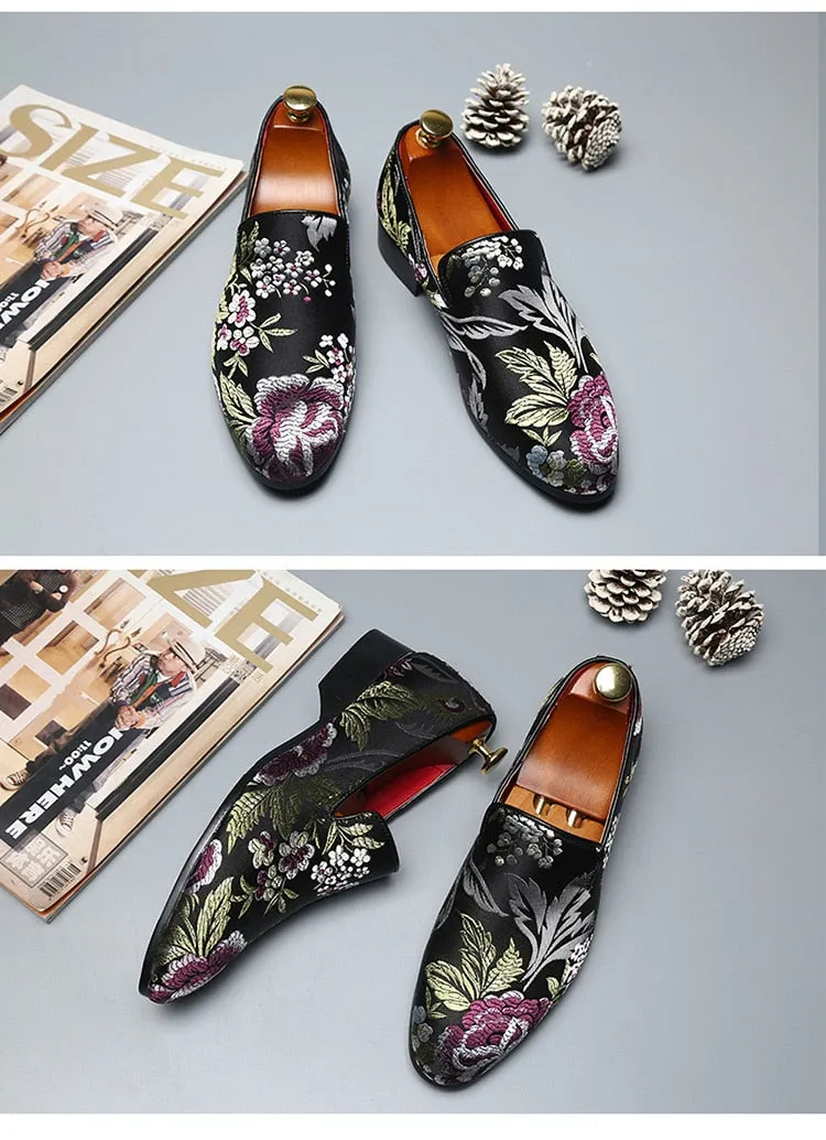 Men's Luxurious Velvet Silk Floral Embroidery Loafers