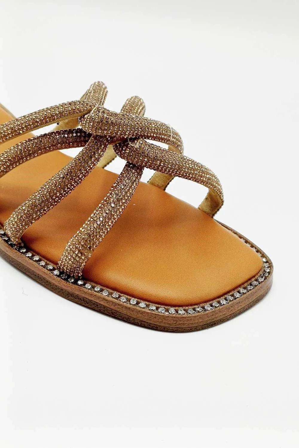 Minerva Diamante Plaited 3 Strap Sliders in Gold