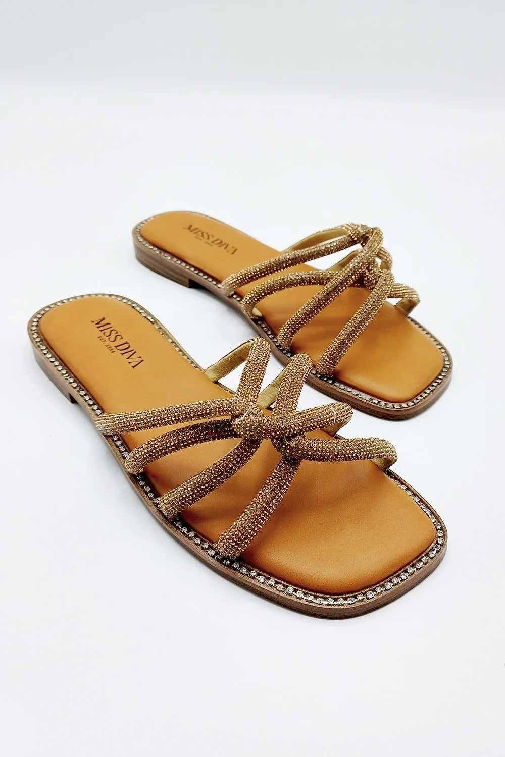 Minerva Diamante Plaited 3 Strap Sliders in Gold