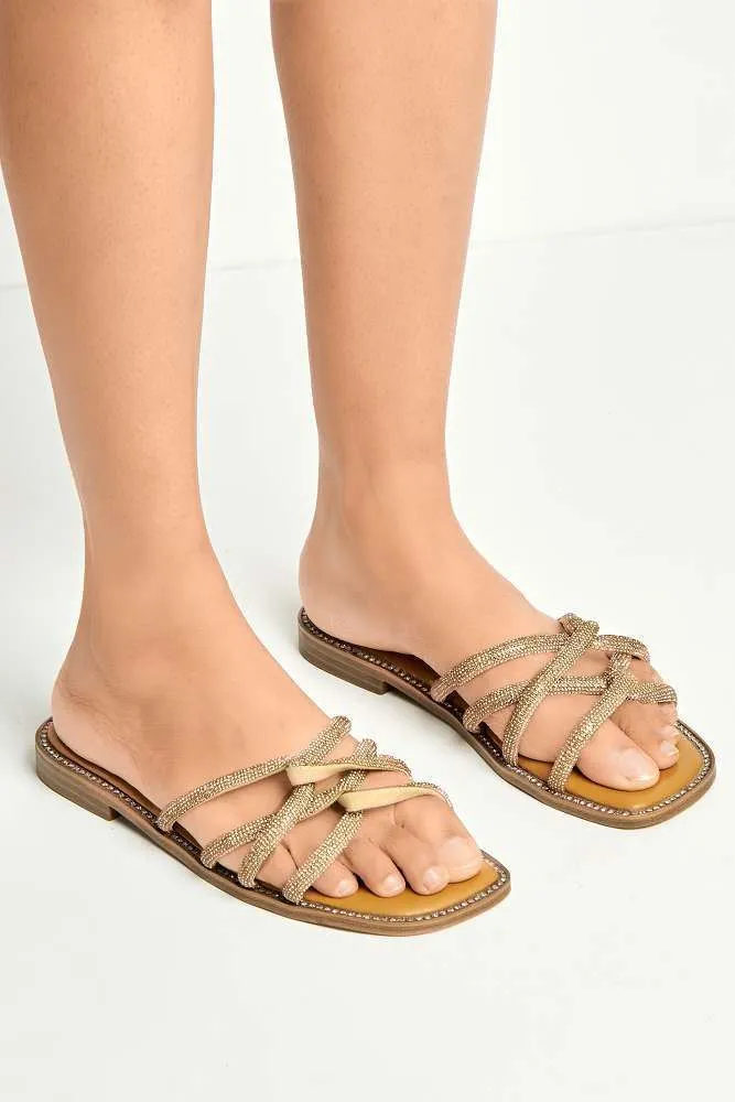 Minerva Diamante Plaited 3 Strap Sliders in Gold