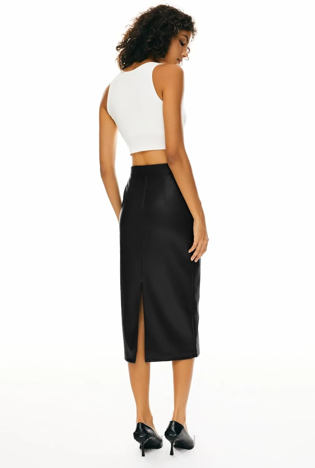 Orolay Women's High Waist Pencil Skirt Faux Leather Bodycon Split Midi Skirt for Business Casual