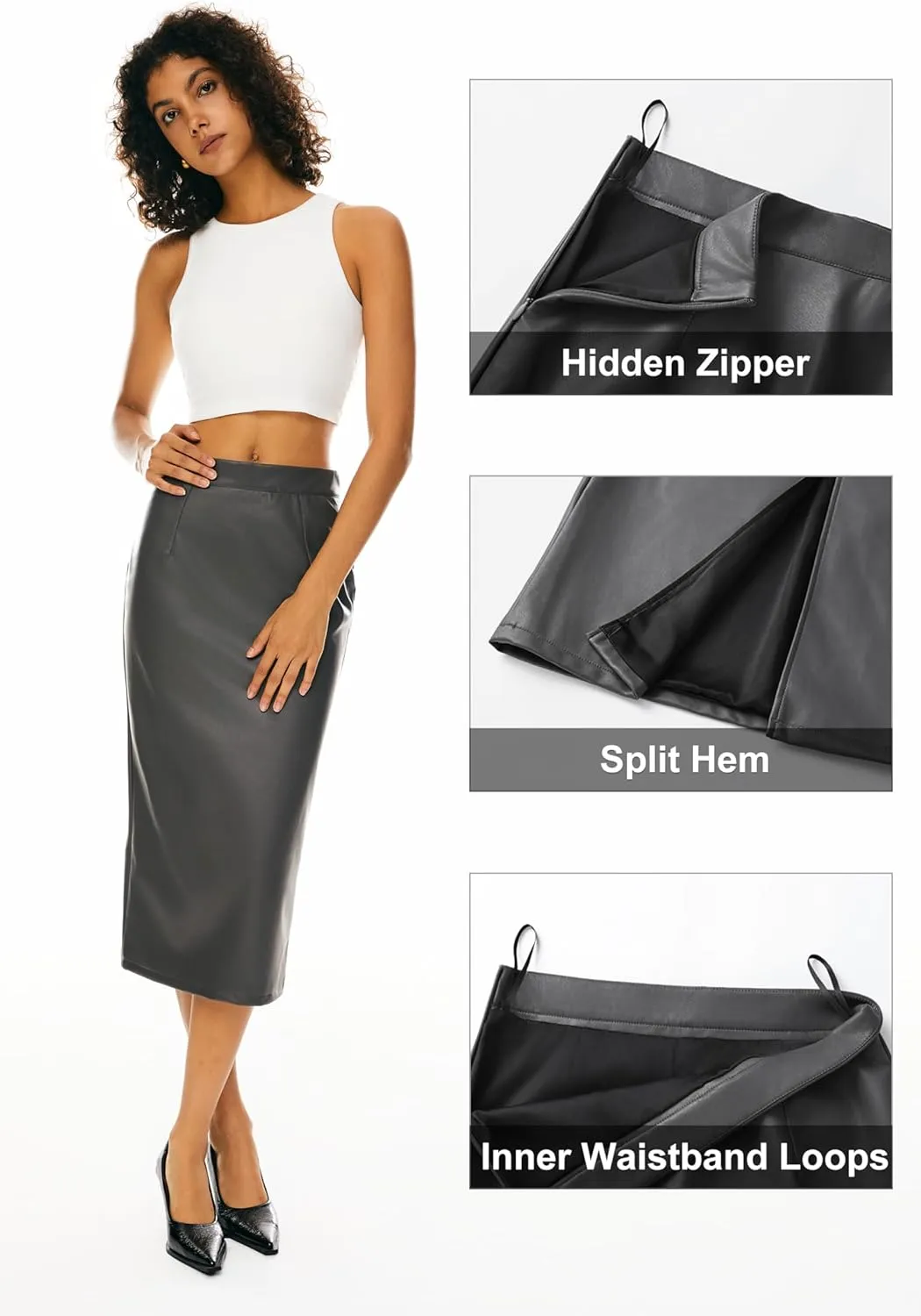 Orolay Women's High Waist Pencil Skirt Faux Leather Bodycon Split Midi Skirt for Business Casual