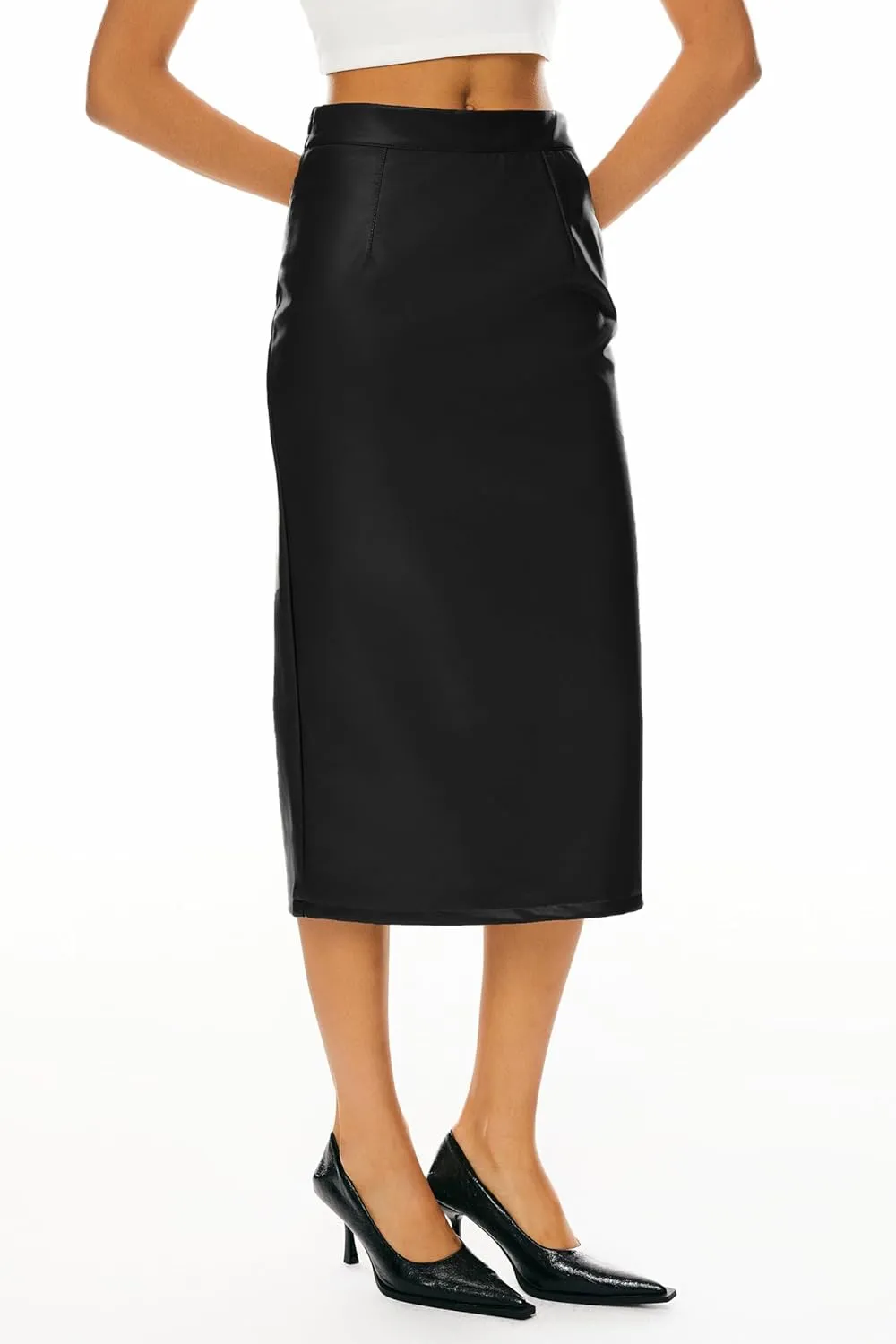 Orolay Women's High Waist Pencil Skirt Faux Leather Bodycon Split Midi Skirt for Business Casual
