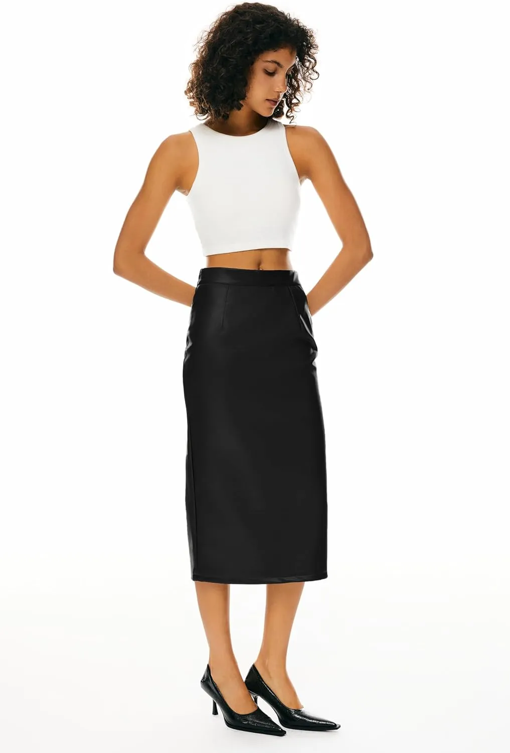 Orolay Women's High Waist Pencil Skirt Faux Leather Bodycon Split Midi Skirt for Business Casual