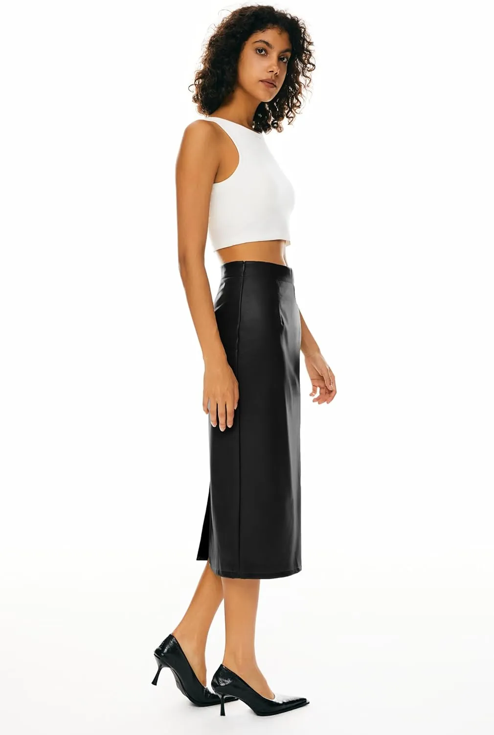 Orolay Women's High Waist Pencil Skirt Faux Leather Bodycon Split Midi Skirt for Business Casual