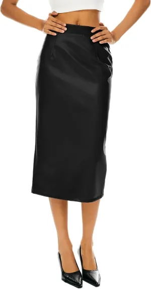 Orolay Women's High Waist Pencil Skirt Faux Leather Bodycon Split Midi Skirt for Business Casual