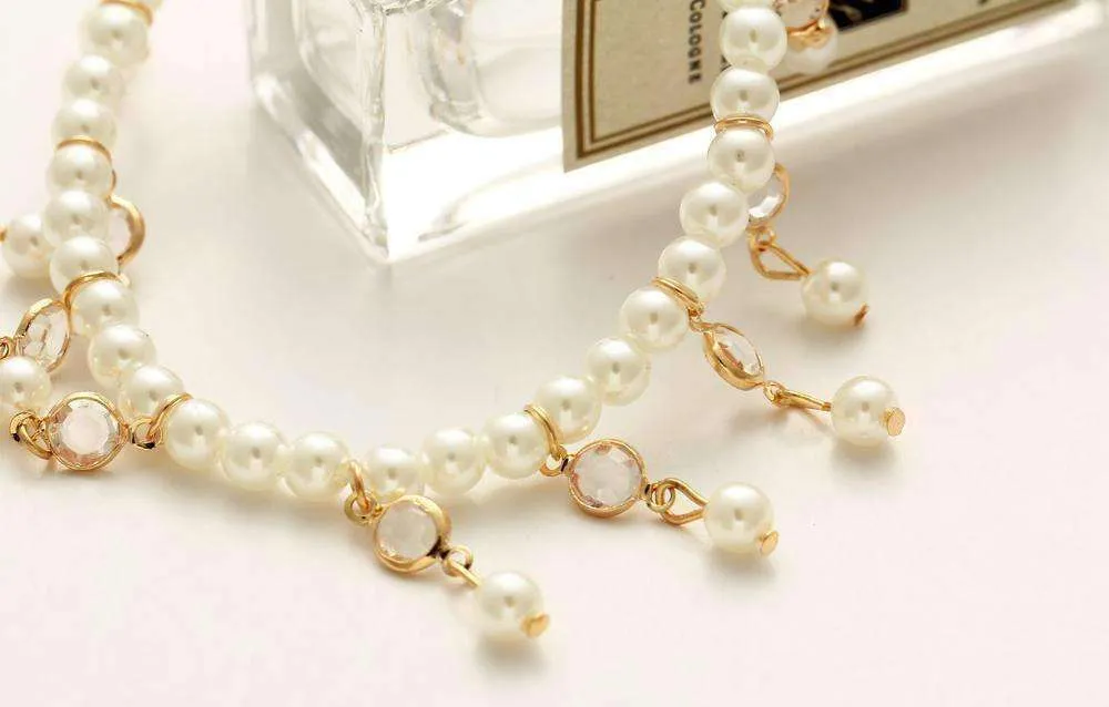 Pearl and Crystal Drop Ankle Bracelet Accented In Silver or Gold