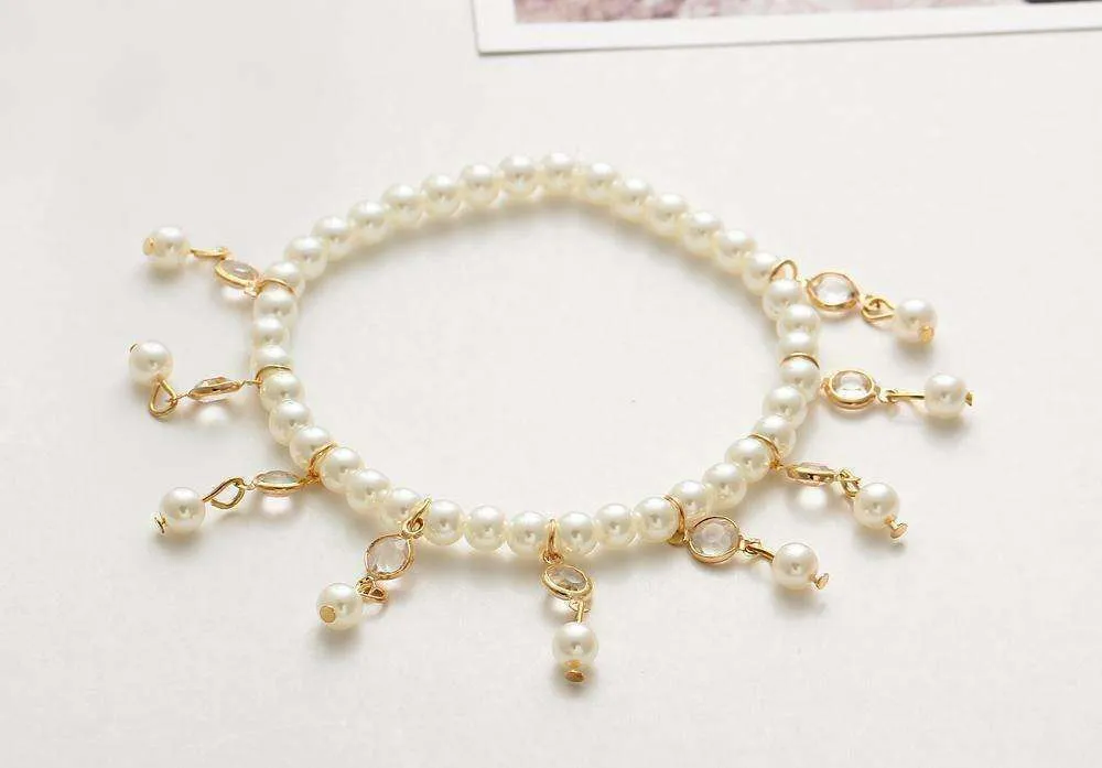 Pearl and Crystal Drop Ankle Bracelet Accented In Silver or Gold