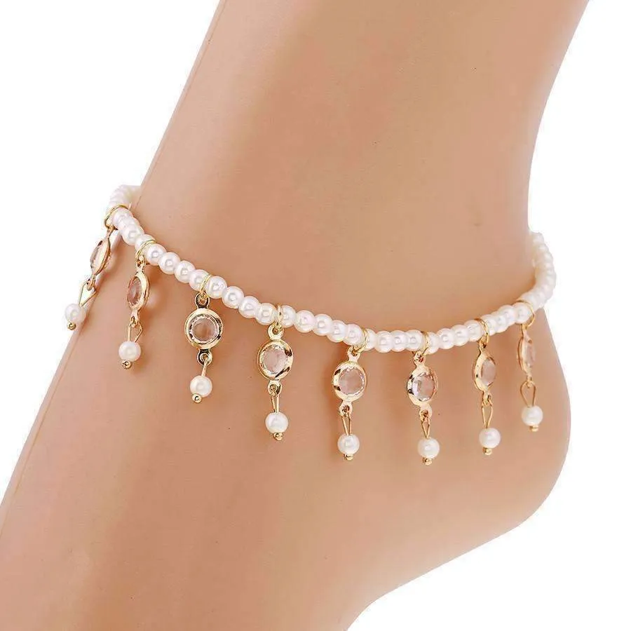 Pearl and Crystal Drop Ankle Bracelet Accented In Silver or Gold