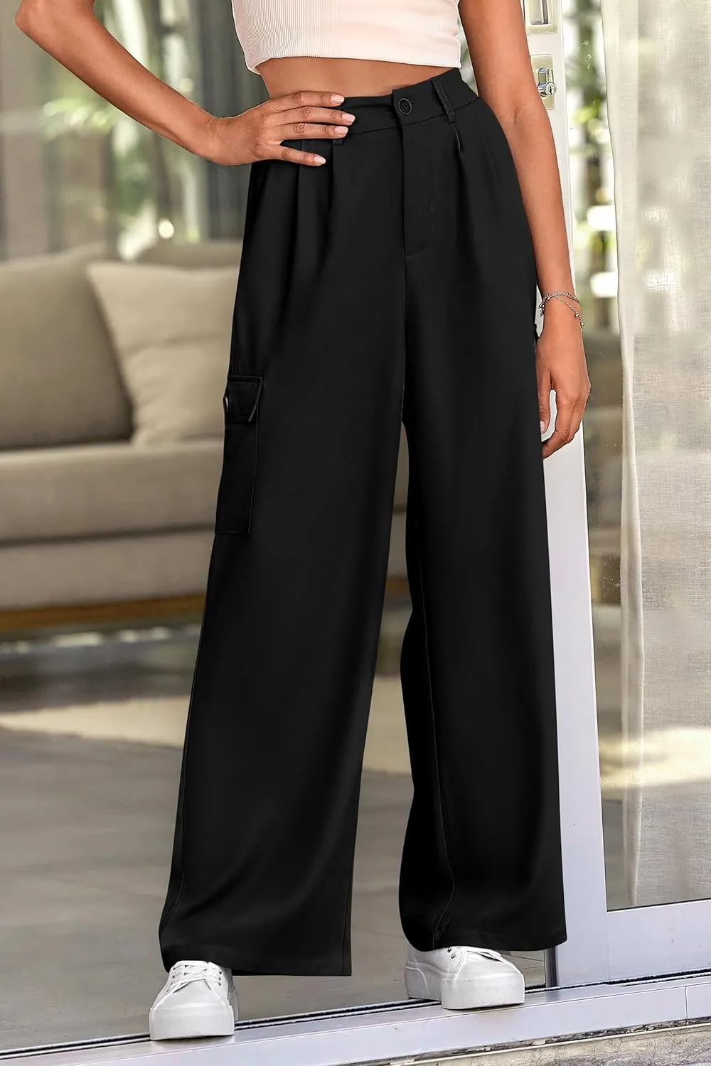 PRETTYGARDEN Women's Wide Leg Cargo Pants High Waist Business Casual Trousers Pant with Pockets