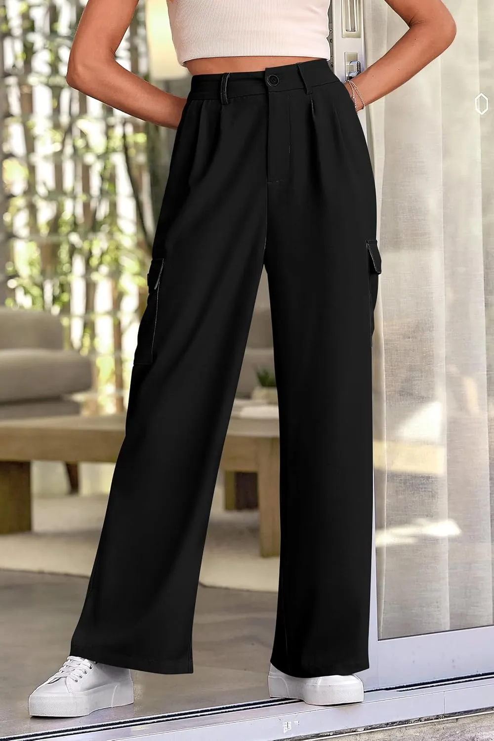 PRETTYGARDEN Women's Wide Leg Cargo Pants High Waist Business Casual Trousers Pant with Pockets