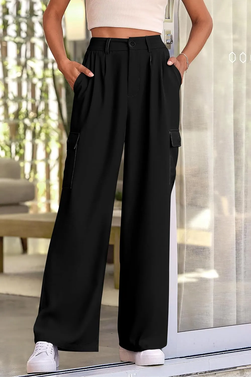 PRETTYGARDEN Women's Wide Leg Cargo Pants High Waist Business Casual Trousers Pant with Pockets