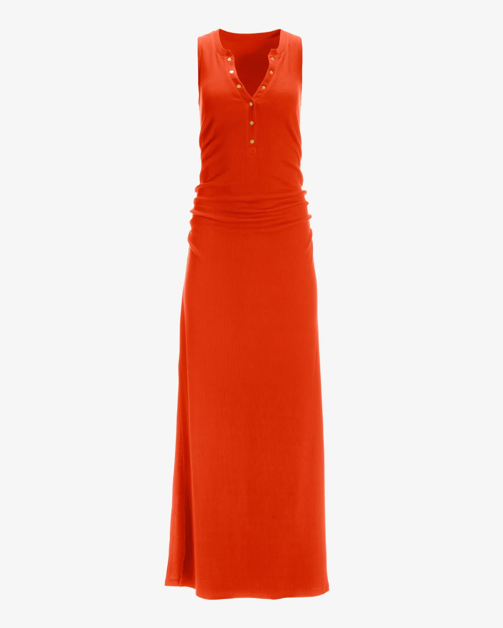 Ruched Knit Henley Maxi Dress Red Orange