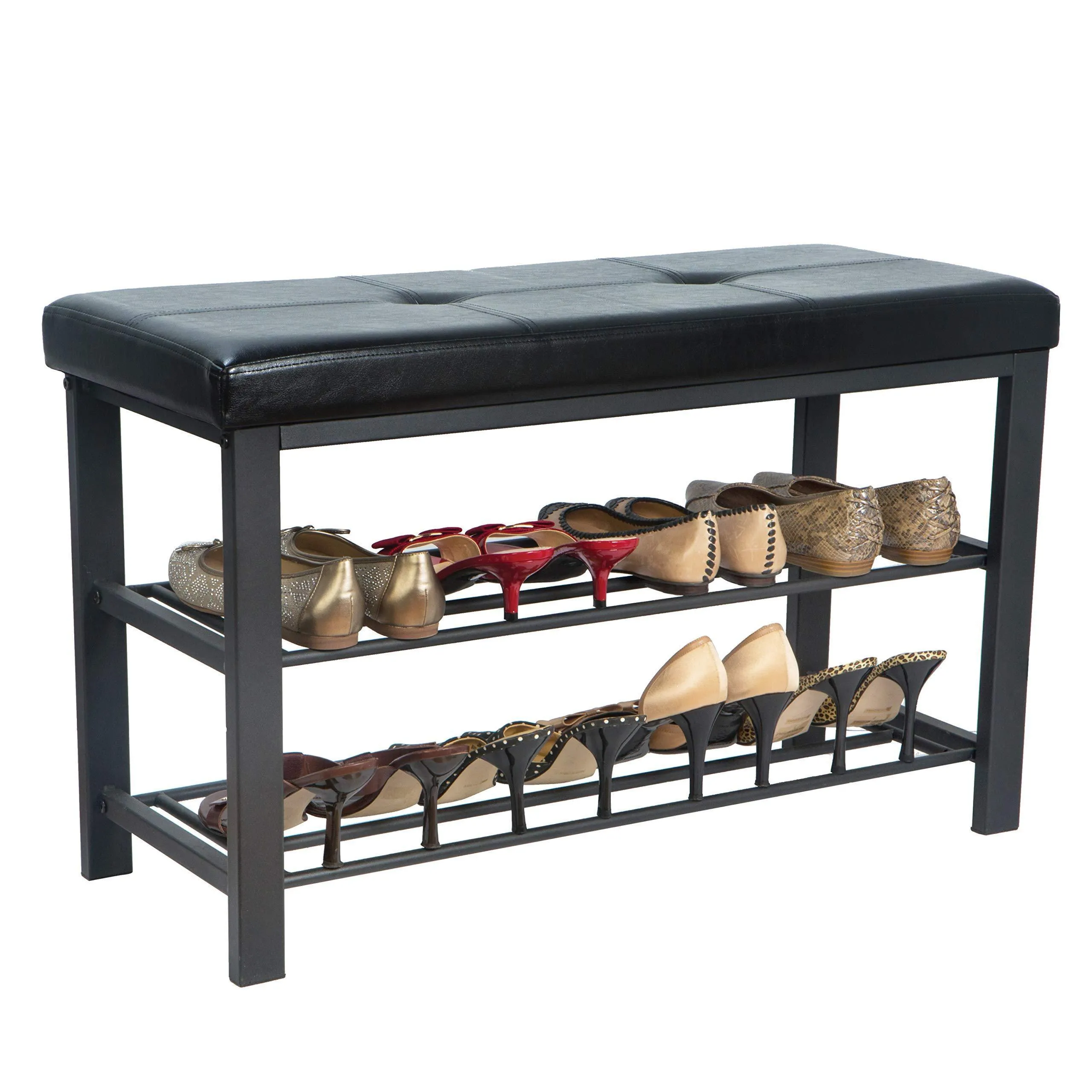 Simplify F-0680-BLACK Storage Bench, Shoe Rack, Ottoman, Tufted, Padded Seating for Entryway, Bedroom, Closet & Hallway, Black