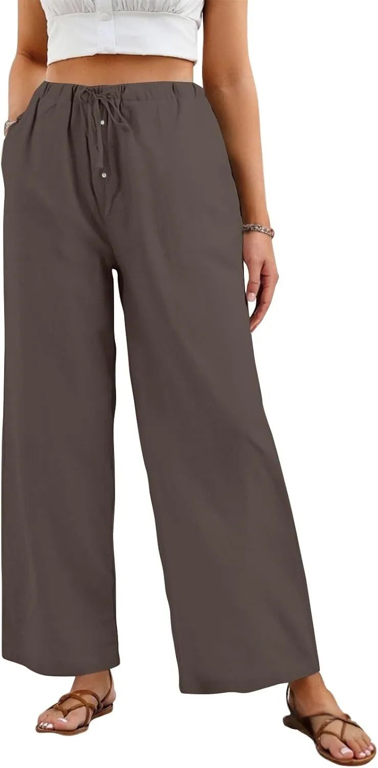 Summer Pants for Women Baggy Linen Elastic 2025 Pants Wide Leg Beach High Waisted with Pocket Solid Outfit Resort Wear