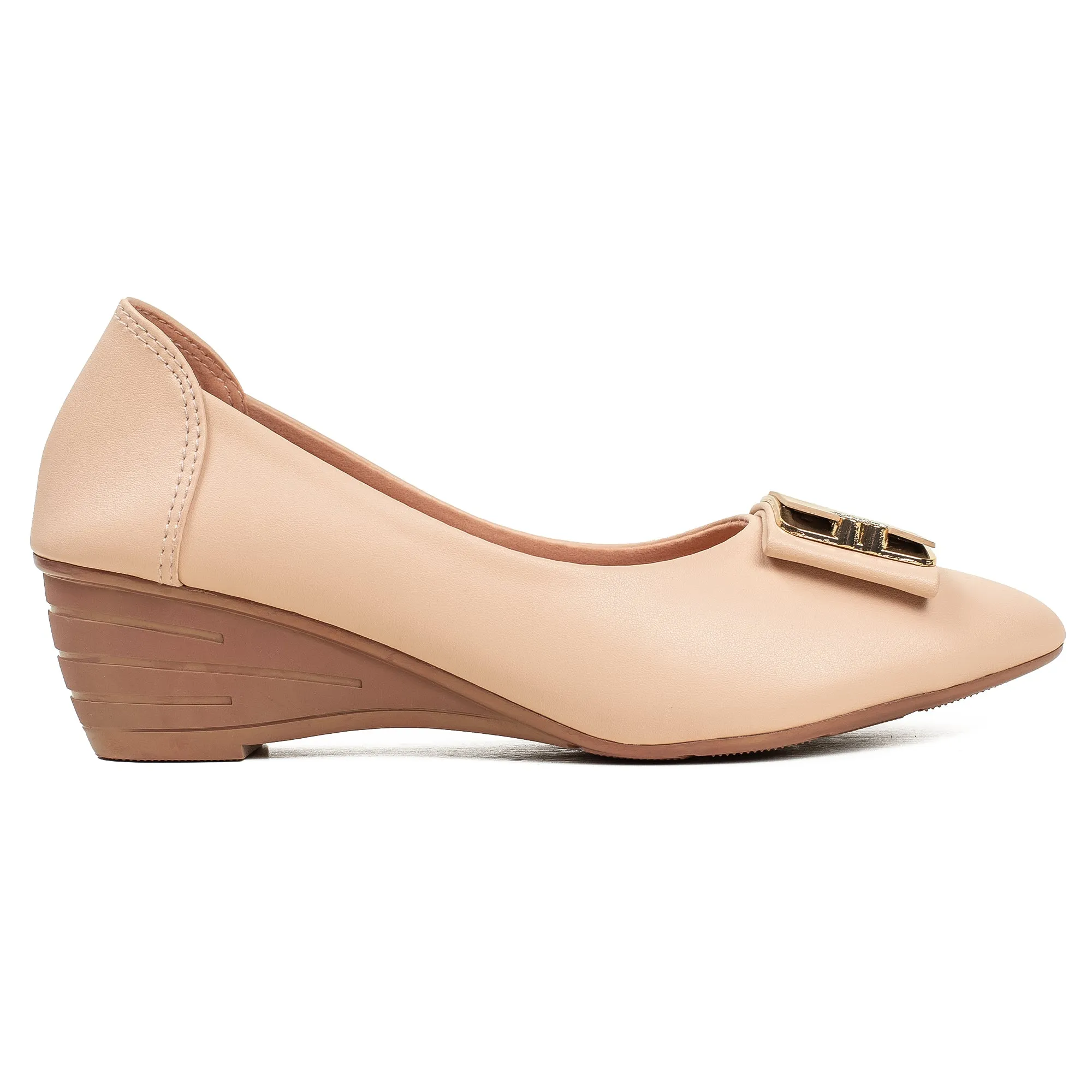 Vibrant Ladies Beige Wedge Heel Closed-Toe Shoes – Elegant & Comfortable Work & Party Footwear