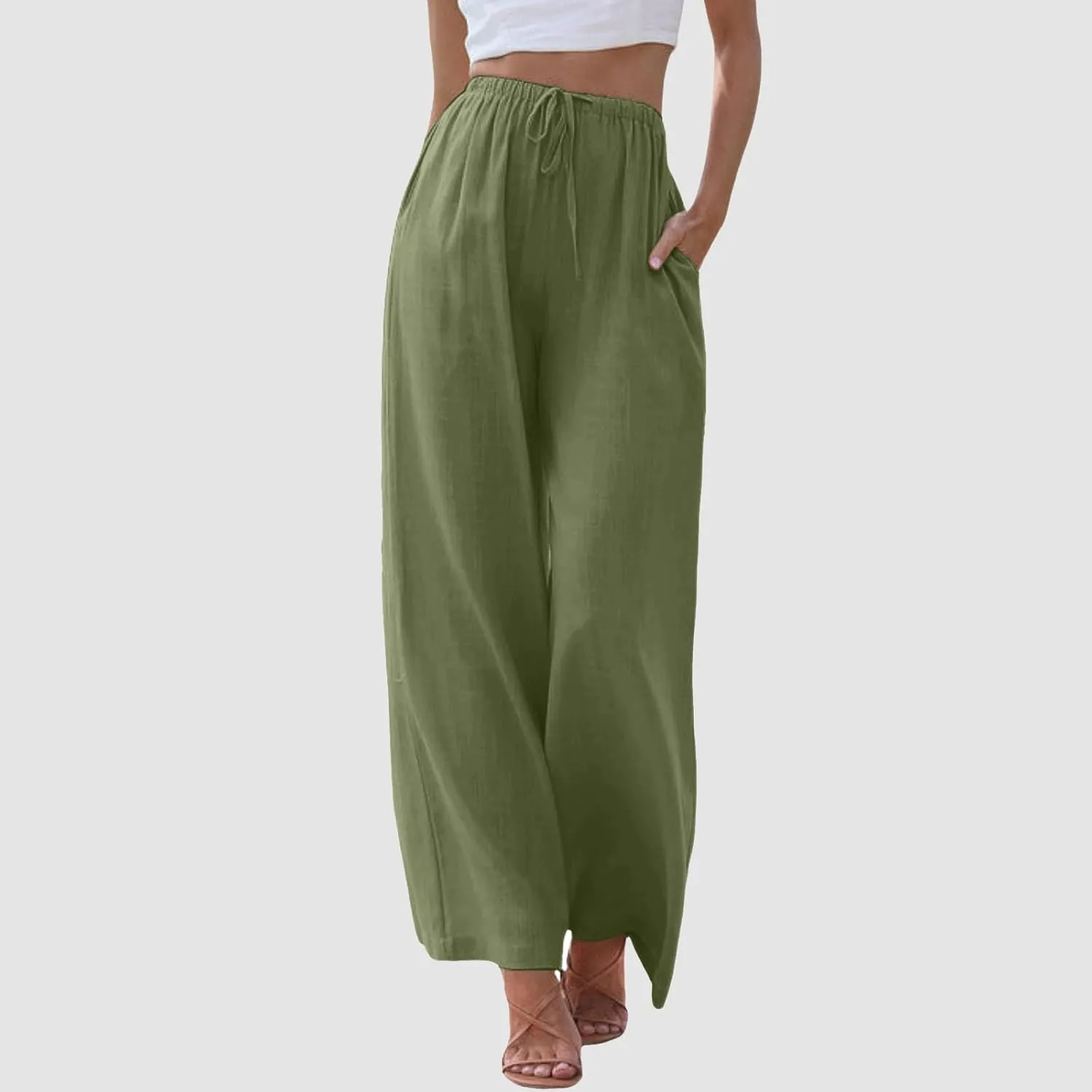 Wide Leg Cotton Linen Pants for Women Comfortable Fashion Flowy High Waisted Beach Palazzo Trousers with Pockets 2025 Summer