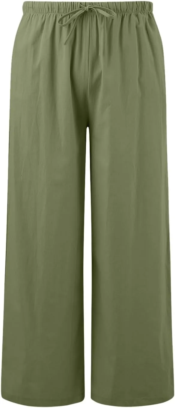 Wide Leg Cotton Linen Pants for Women Comfortable Fashion Flowy High Waisted Beach Palazzo Trousers with Pockets 2025 Summer