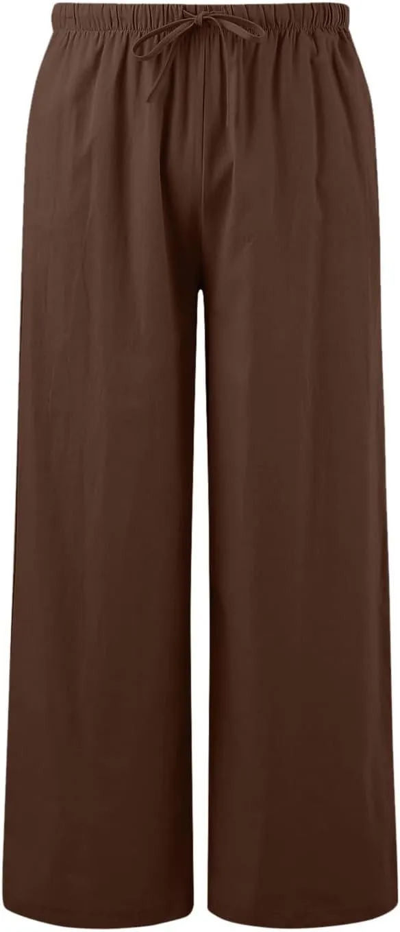 Wide Leg Cotton Linen Pants for Women Comfortable Fashion Flowy High Waisted Beach Palazzo Trousers with Pockets 2025 Summer