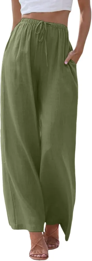 Wide Leg Cotton Linen Pants for Women Comfortable Fashion Flowy High Waisted Beach Palazzo Trousers with Pockets 2025 Summer