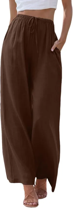 Wide Leg Cotton Linen Pants for Women Comfortable Fashion Flowy High Waisted Beach Palazzo Trousers with Pockets 2025 Summer