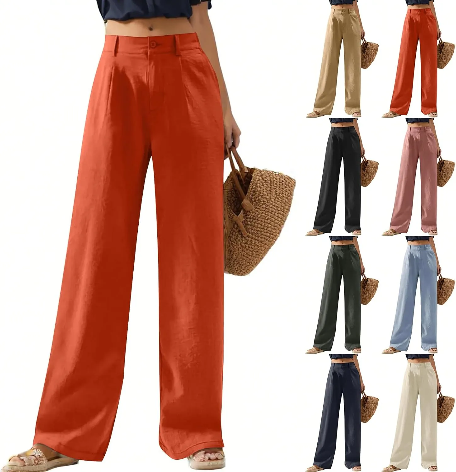 Wide Leg Linen Pants for Women 2025 Trendy Lightweight Summer Palazzo Pants Straight Leg Work Trousers with Pockets