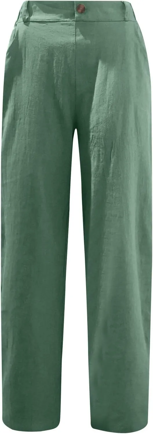 Women Cotton Linen Cropped Pants for Summer Pull on Elastic High Waisted Trouser Lightweight Dressy Outfit