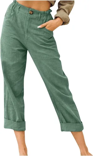 Women Cotton Linen Cropped Pants for Summer Pull on Elastic High Waisted Trouser Lightweight Dressy Outfit