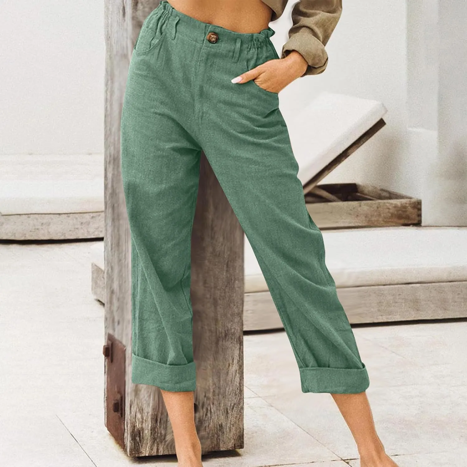 Women Cotton Linen Cropped Pants for Summer Pull on Elastic High Waisted Trouser Lightweight Dressy Outfit